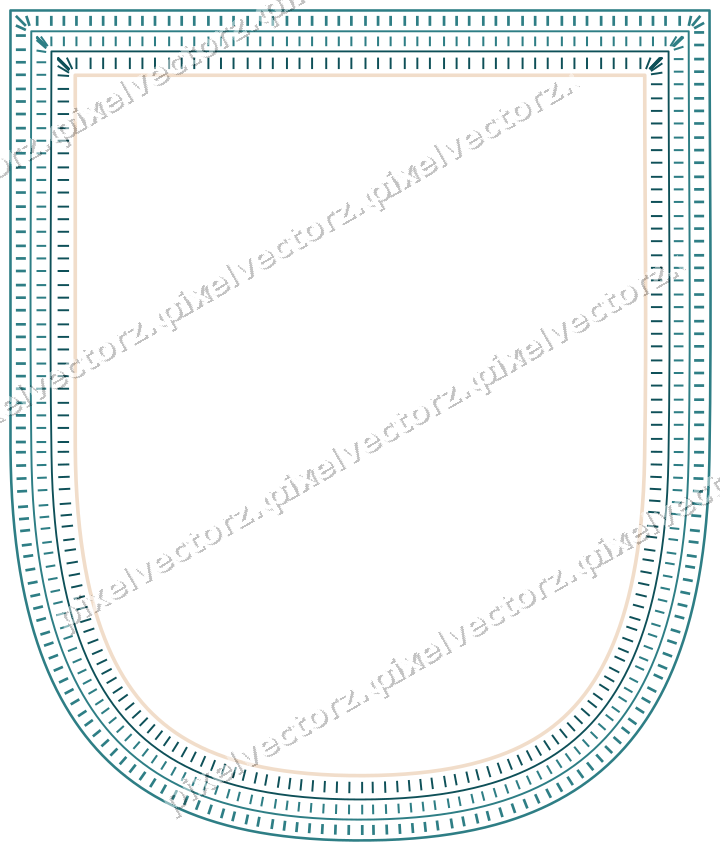 Decorative line art frame in dark teal and orange with shield