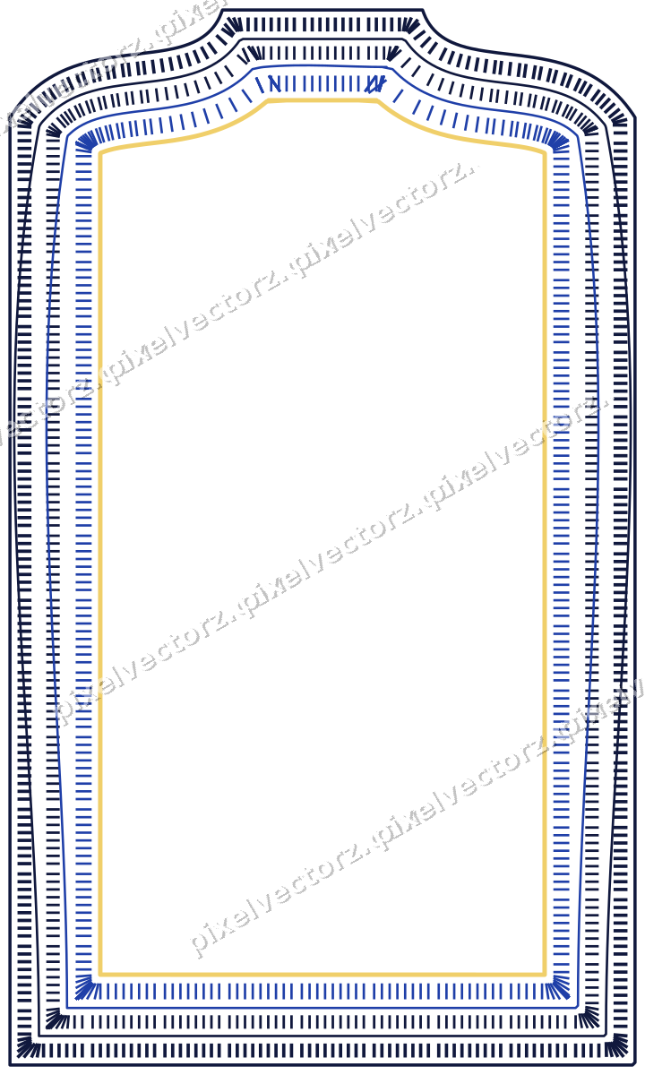Decorative line art frame in amber and blue with label plaque