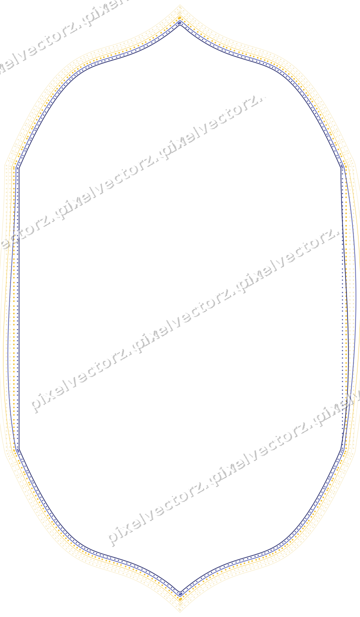 Decorative line art frame in dark blue and amber with label plaque