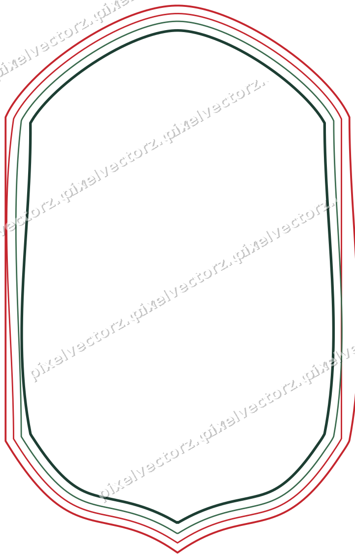 Decorative line art frame in dark green and red with label plaque