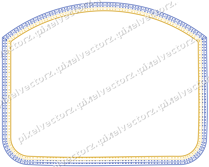 Decorative line art frame in amber and blue with label plaque