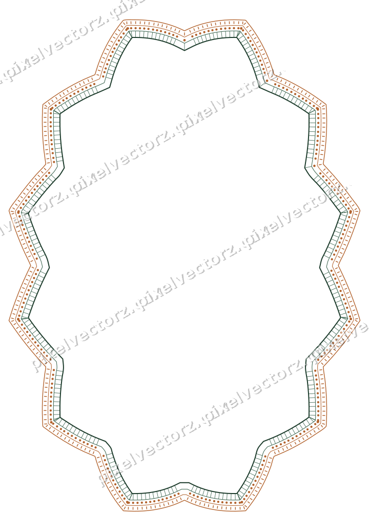 Decorative line art frame in dark green and orange with oval