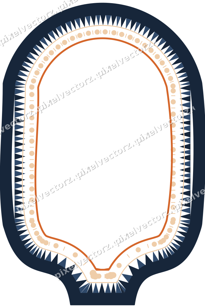 Decorative line art frame in dark blue and orange with label plaque