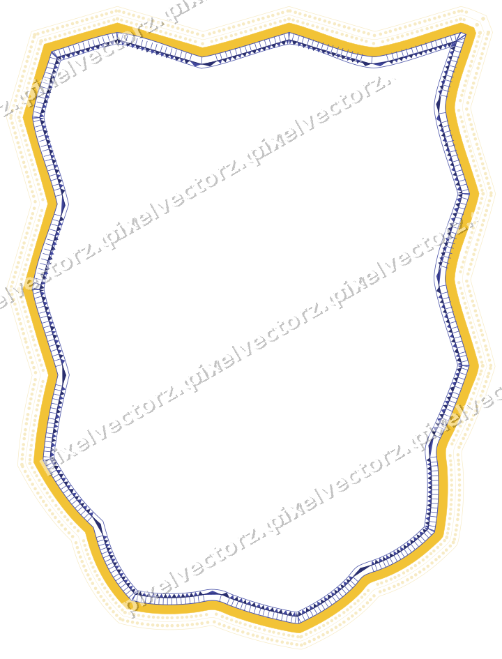Decorative line art frame in dark blue and amber with shield