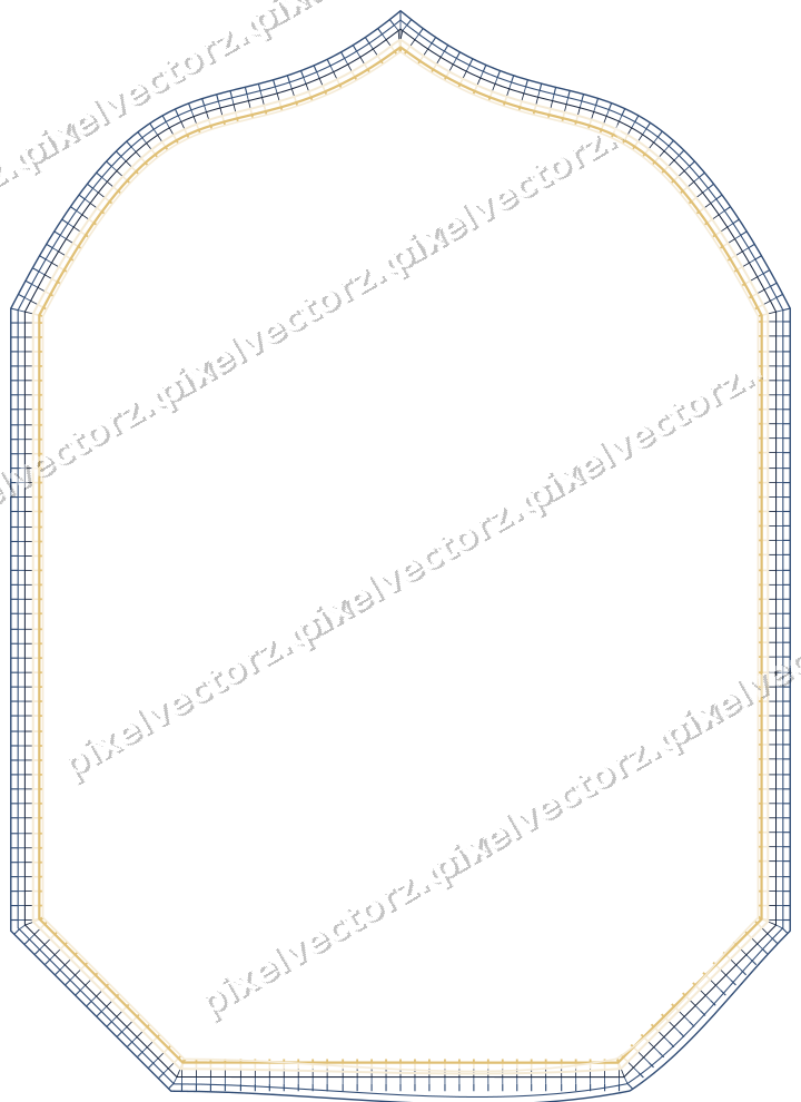 Decorative line art frame in dark blue and amber with label plaque