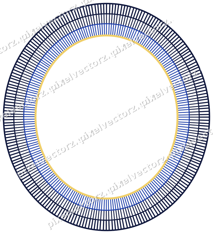 Decorative line art frame in amber and blue with oval and hatching