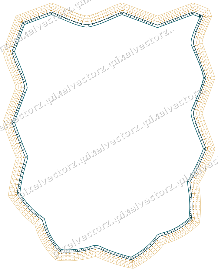 Decorative line art frame in amber and dark teal with shield