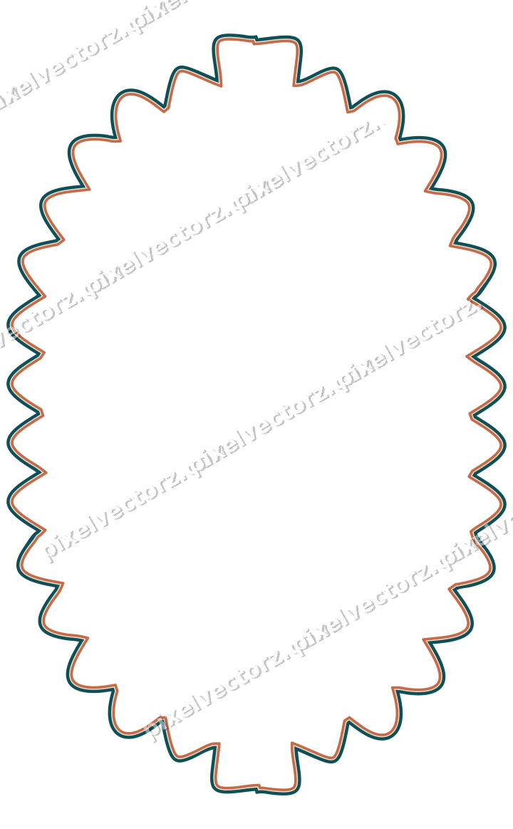 Decorative line art frame in dark teal and orange with label plaque
