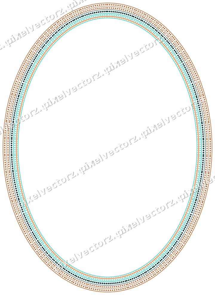 Decorative line art frame in orange and teal with oval and dotted line