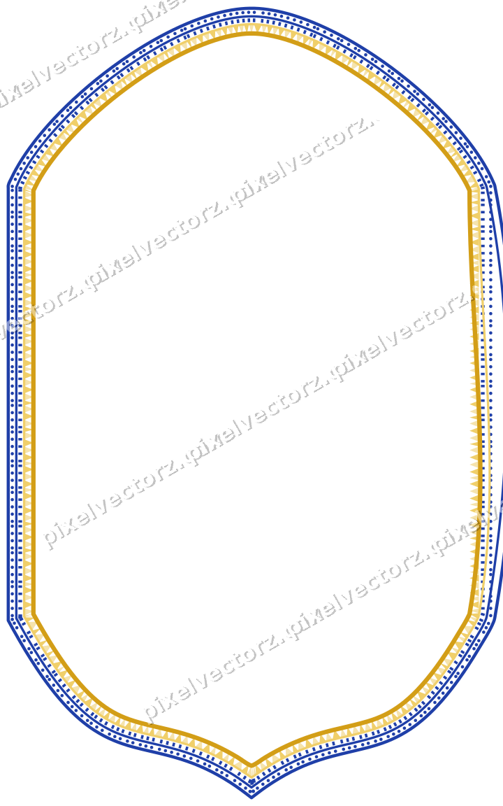 Decorative line art frame in amber and blue with label plaque
