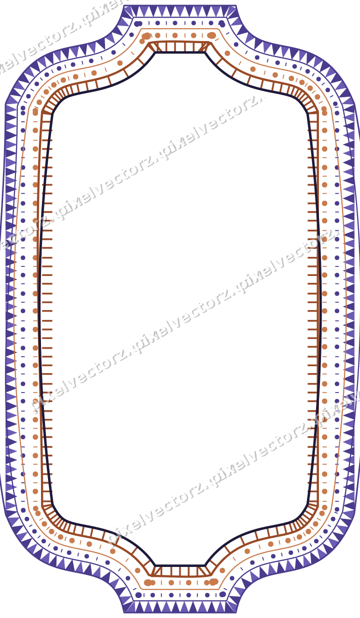 Decorative line art frame in orange and blue with label plaque
