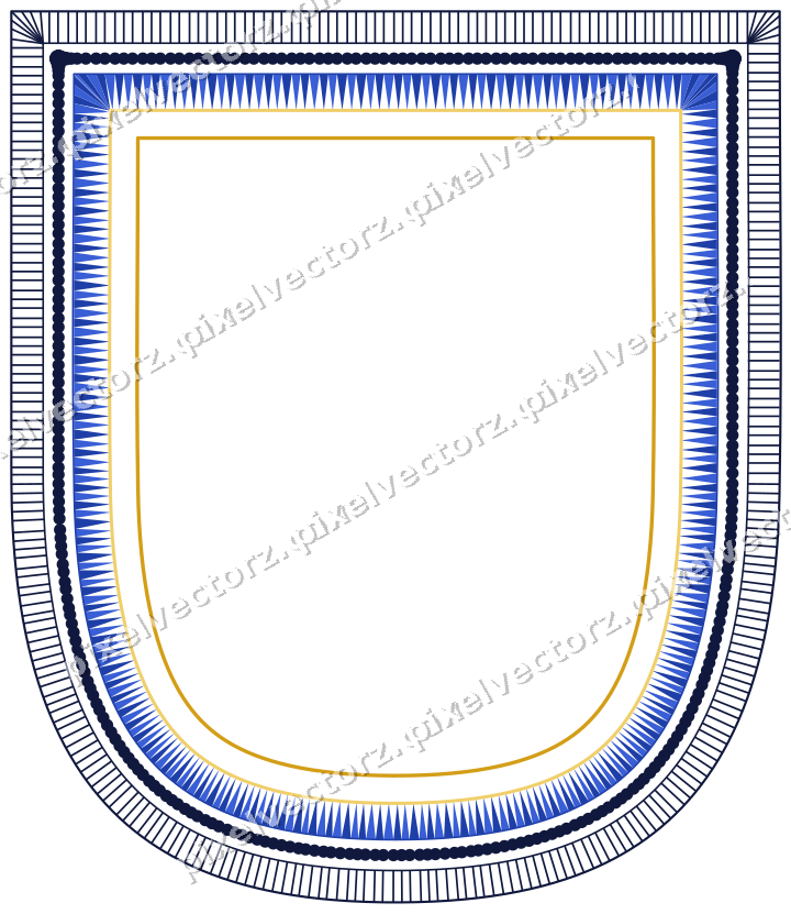 Decorative line art frame in amber and blue with shield and hatching