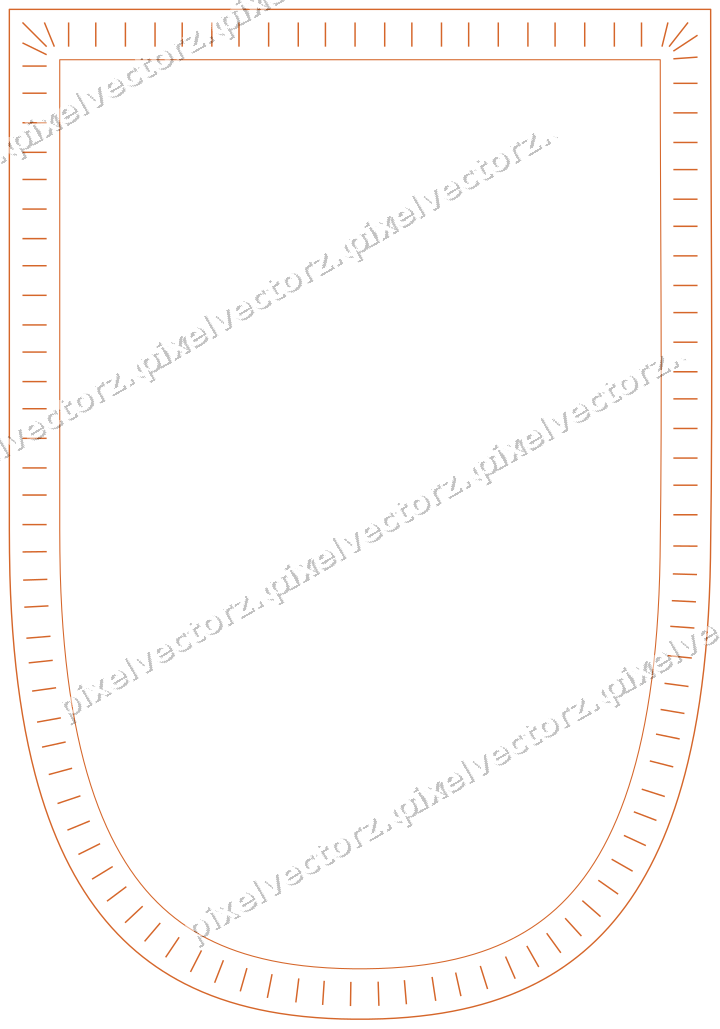 Decorative line art frame in dark blue and orange with shield