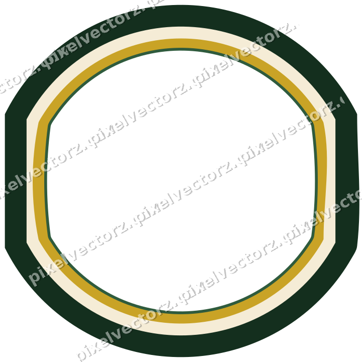 Decorative line art frame in dark green and amber with label plaque
