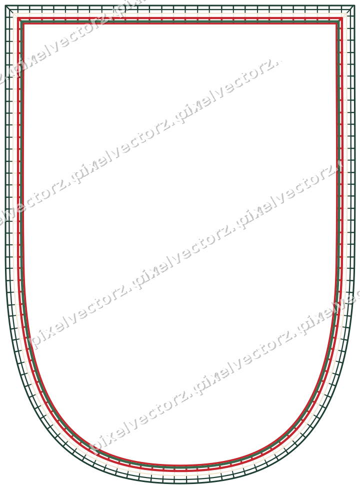 Decorative line art frame in dark green and red with shield
