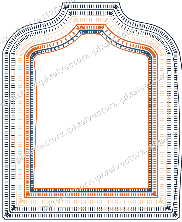 Decorative line art frame in dark blue and orange with label plaque