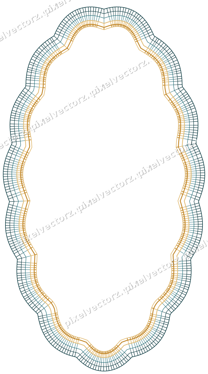 Decorative line art frame in amber and dark teal with oval