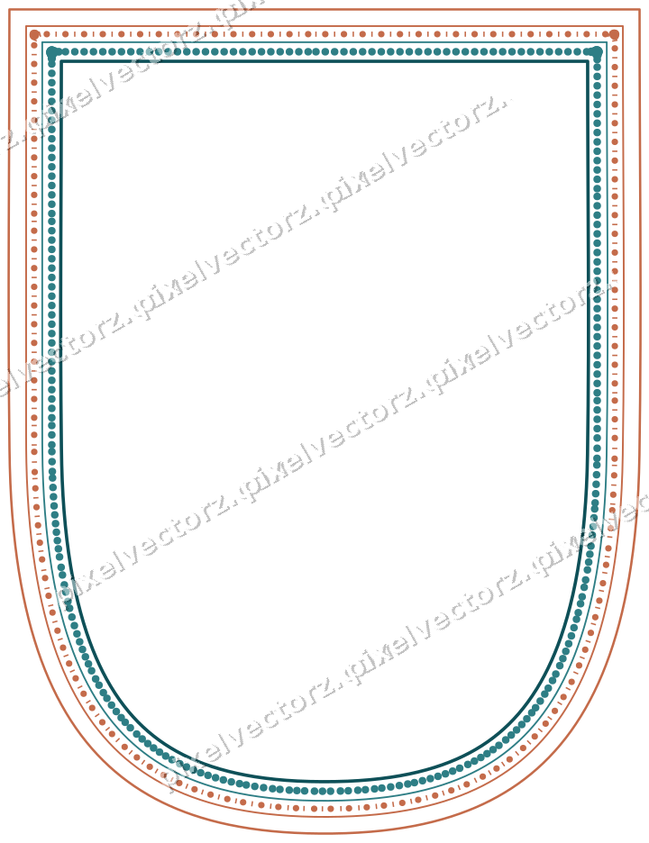 Decorative line art frame in dark teal and orange with shield