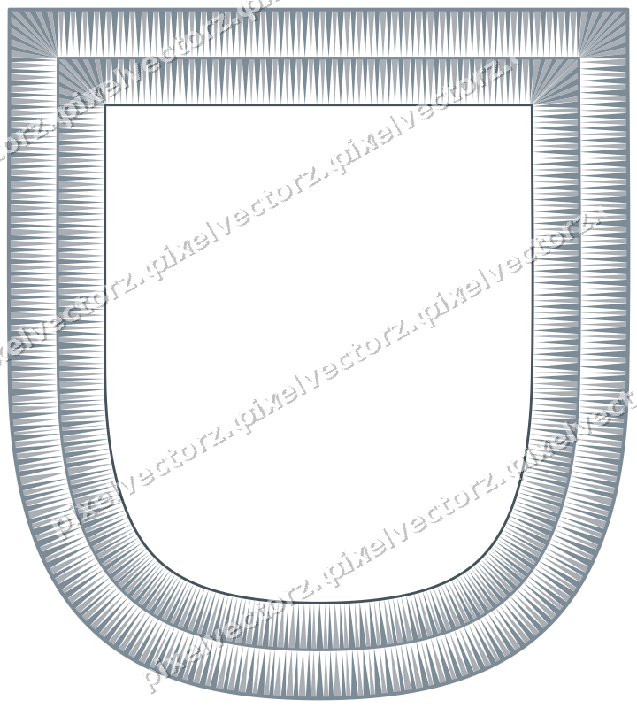 Decorative line art frame in blue and orange with shield and dentil