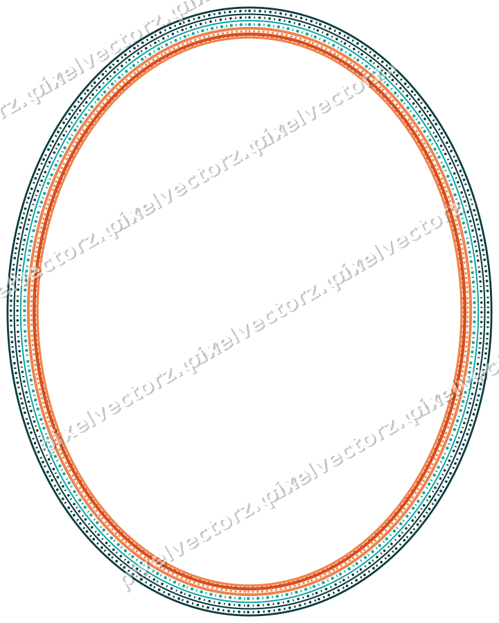 Decorative line art frame in orange and teal with oval and beaded line
