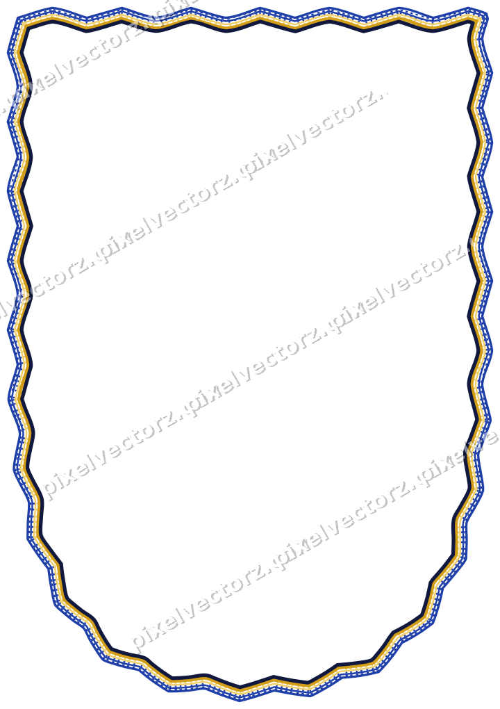 Decorative line art frame in amber and blue with shield
