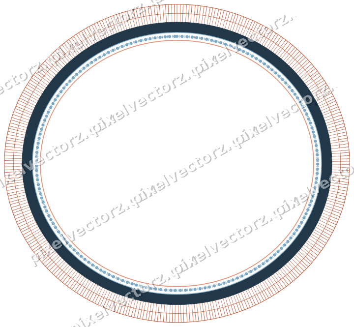 Decorative line art frame in orange and cyan with oval and hatching