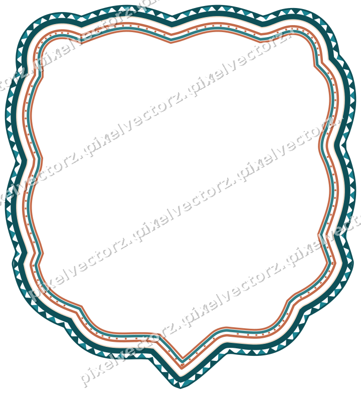 Decorative line art frame in dark teal and orange with label plaque