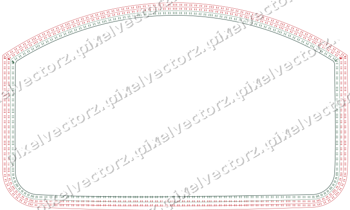 Decorative line art frame in dark green and red with label plaque