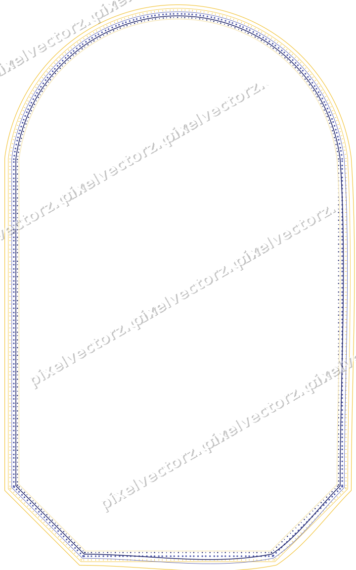 Decorative line art frame in dark blue and amber with label plaque