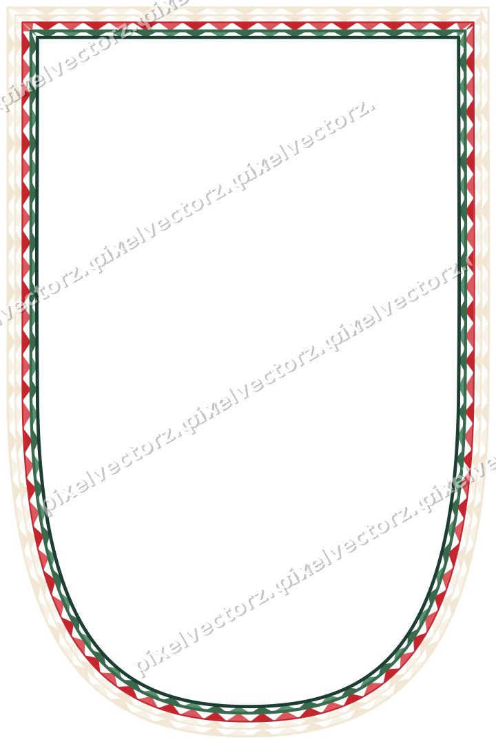 Decorative line art frame in dark green and red with shield and dentil