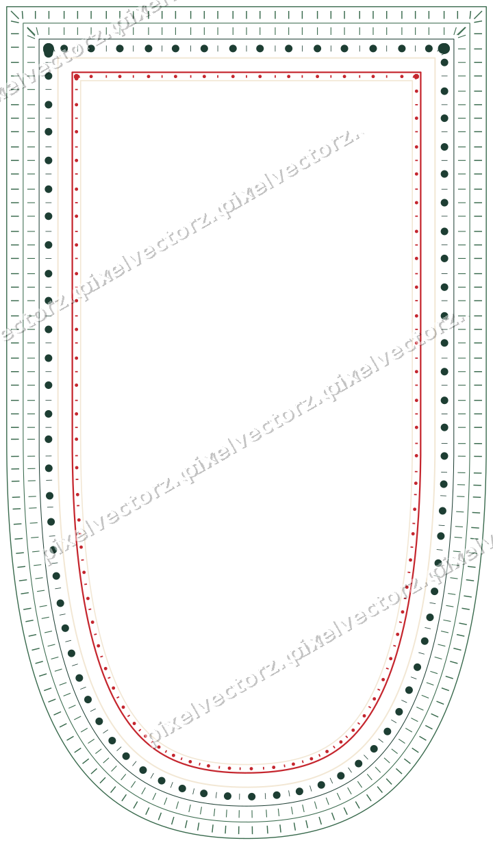 Decorative line art frame in dark green and red with shield