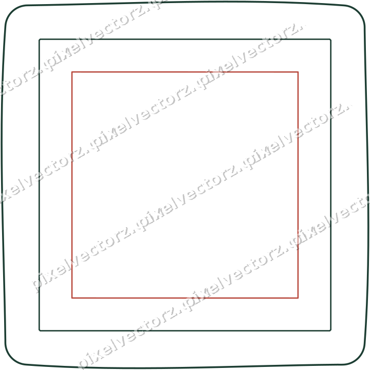 Decorative line art frame in dark red and dark green with label plaque