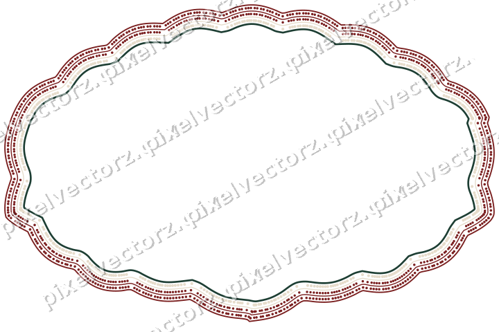 Decorative line art frame in dark red and dark green with label plaque