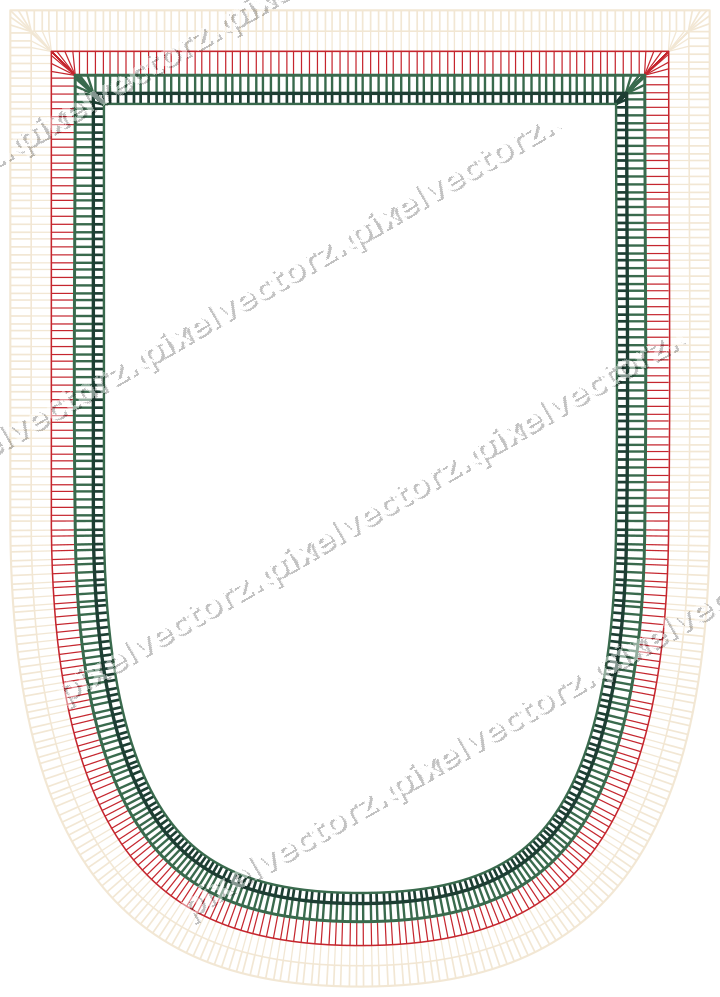 Decorative line art frame in dark green and red with shield