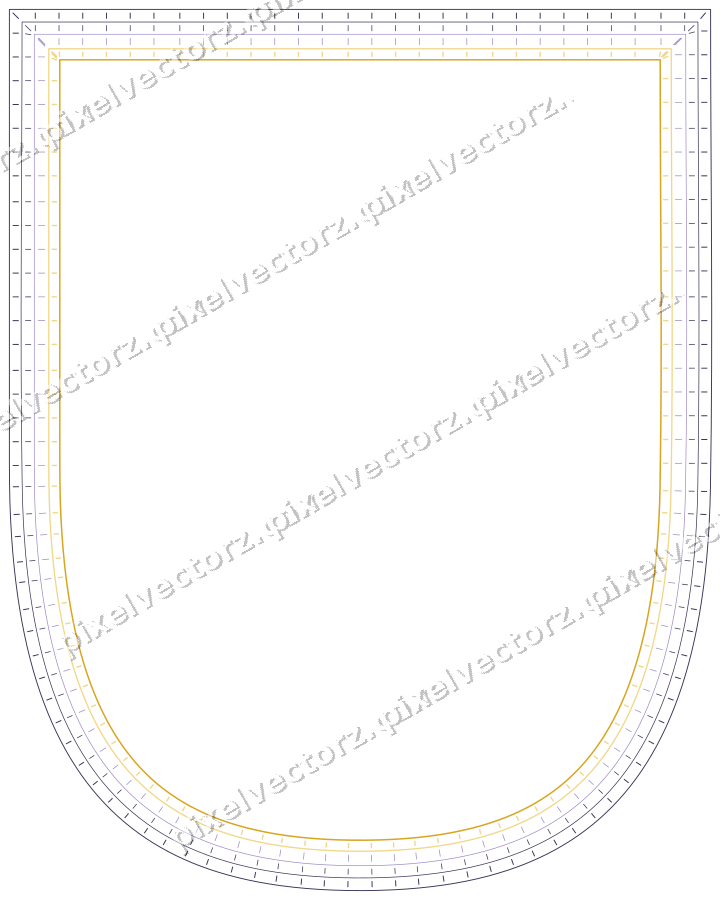 Decorative line art frame in amber and purple with shield