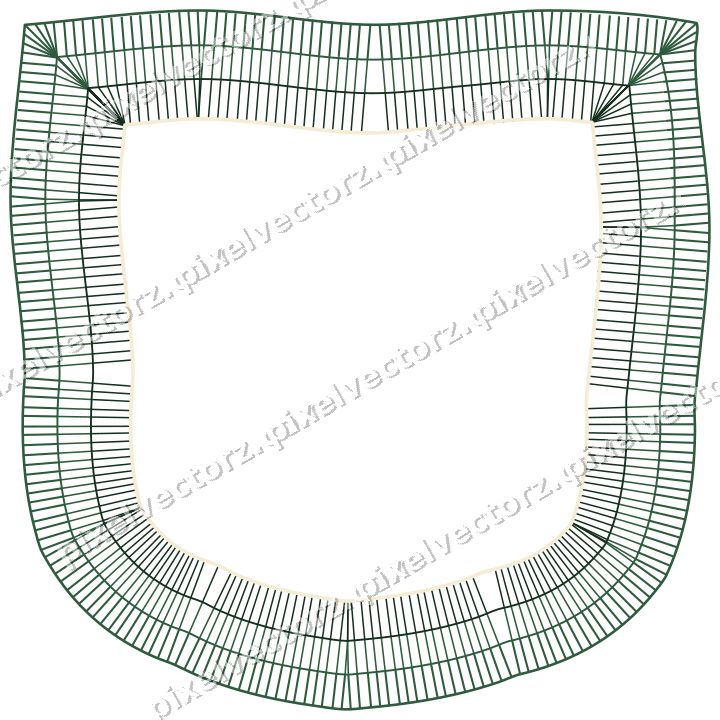 Decorative line art frame in dark green and amber with shield