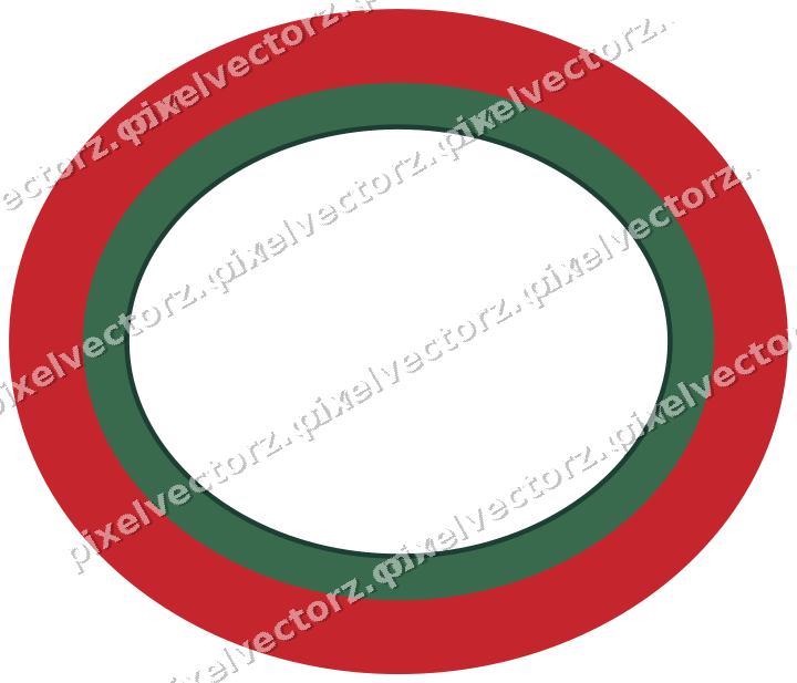 Decorative line art frame in dark green and red with oval