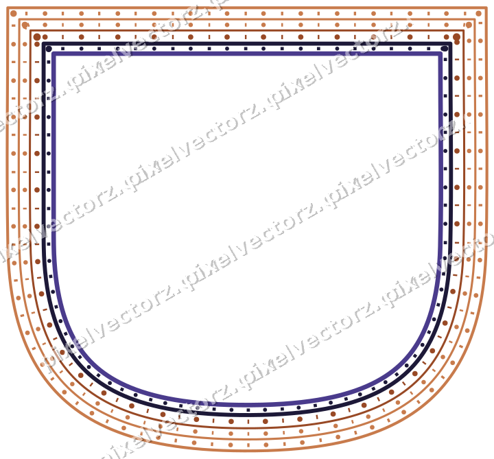 Decorative line art frame in orange and blue with shield