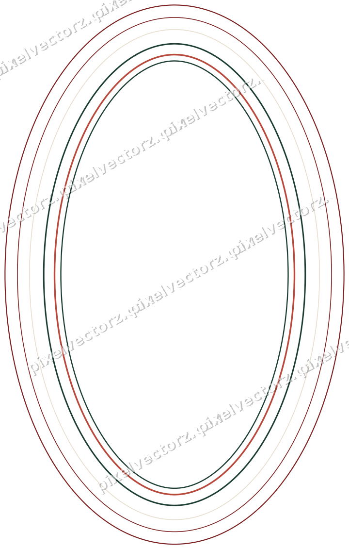 Decorative line art frame in dark red and dark green with oval