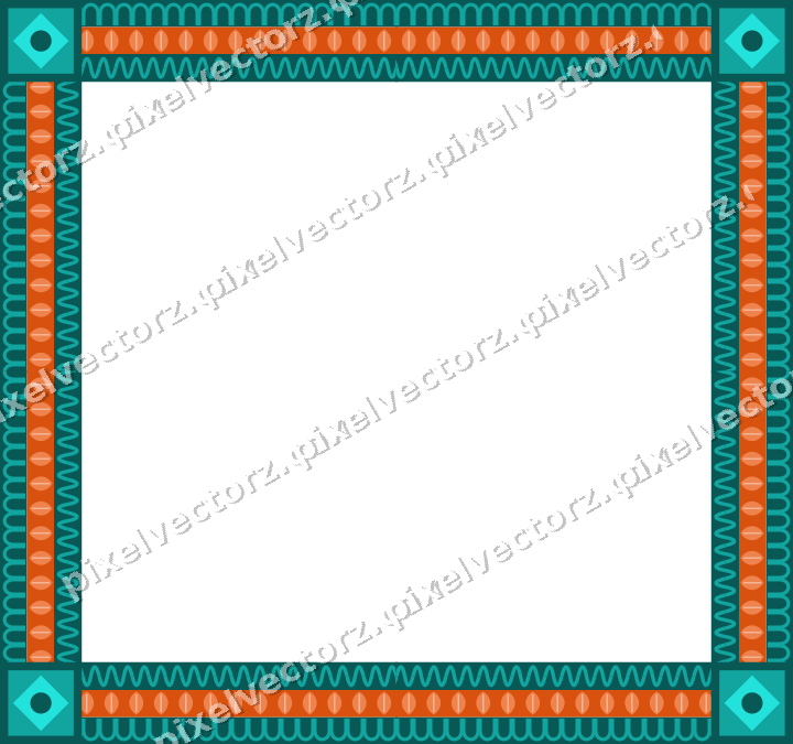 Decorative picture frame border in orange and teal with arcade frieze