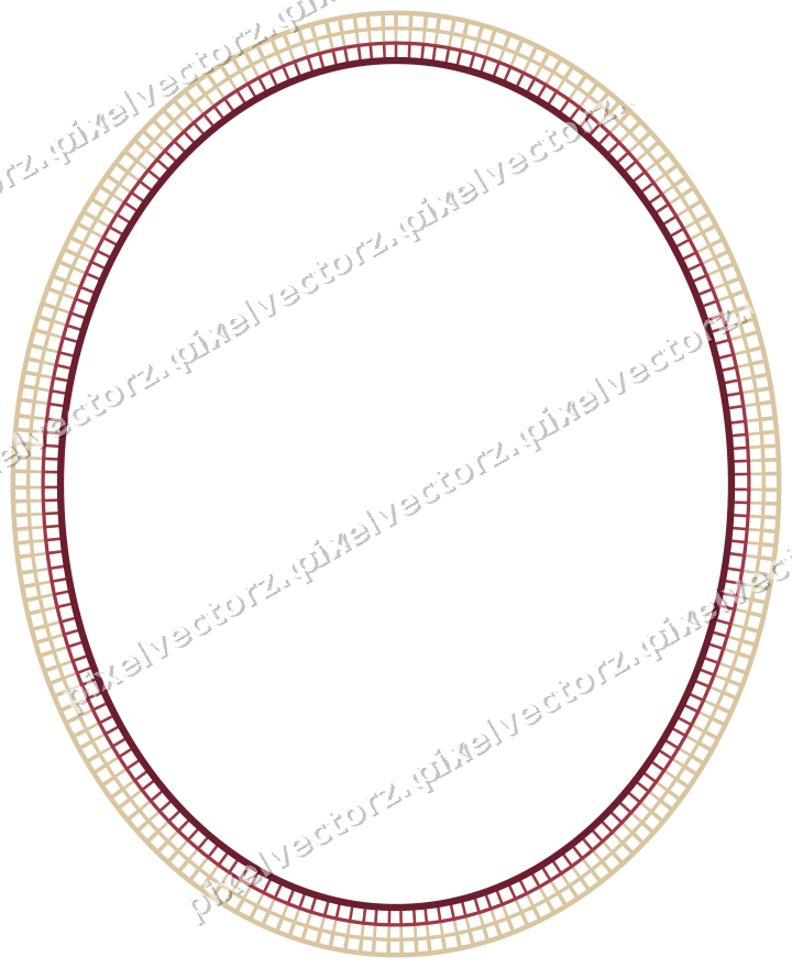 Decorative line art frame in dark pink and red with oval and hatching
