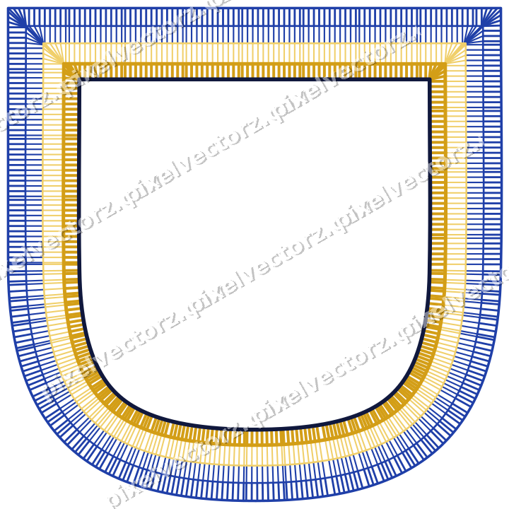 Decorative line art frame in amber and blue with shield and hatching