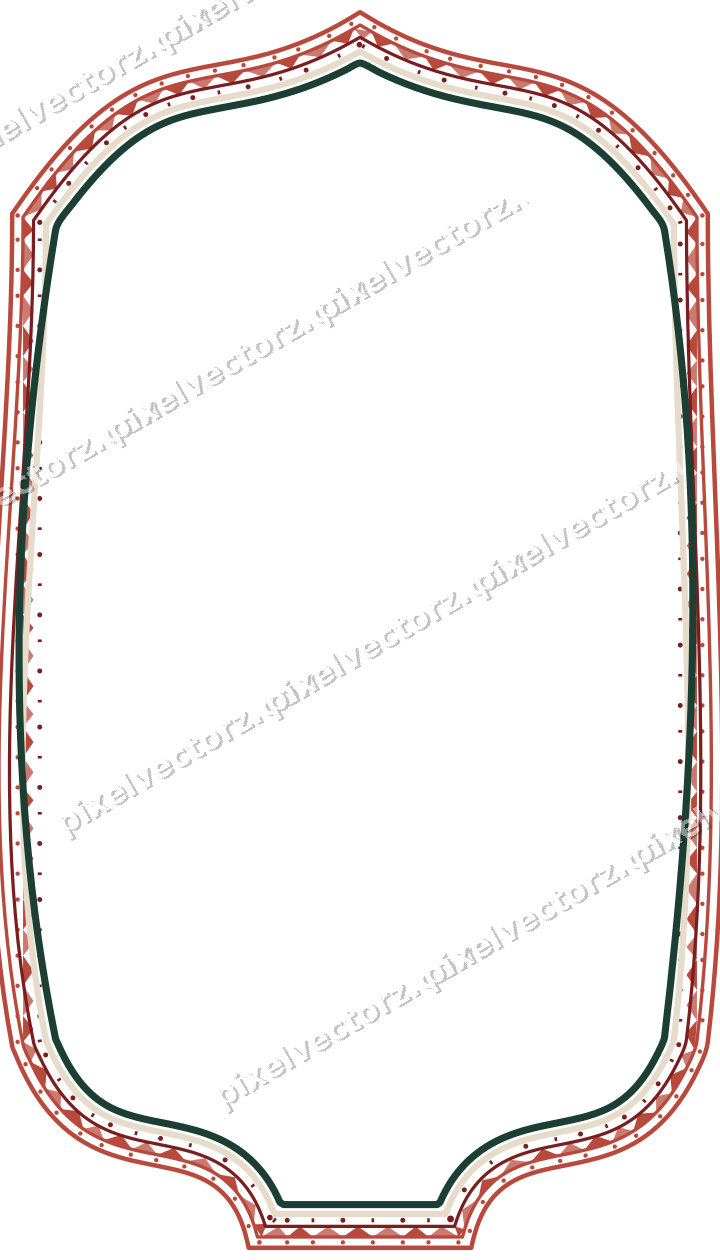 Decorative line art frame in dark red and dark green with label plaque