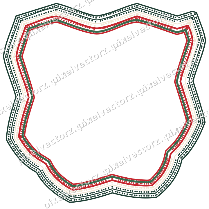 Decorative line art frame in dark green and red with shield