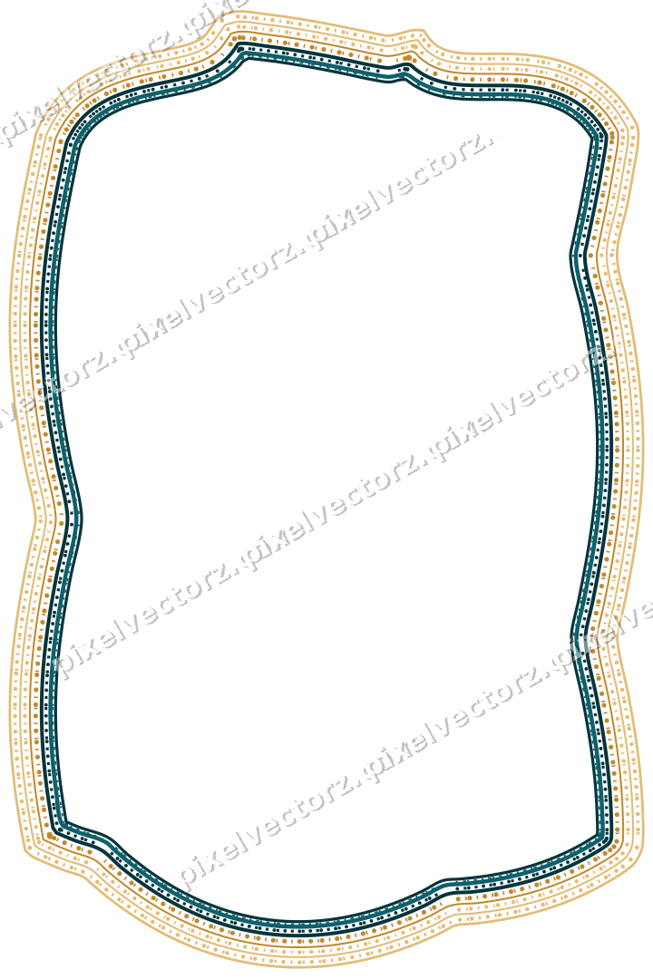 Decorative line art frame in amber and dark teal with label plaque