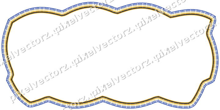 Decorative line art frame in amber and blue with label plaque
