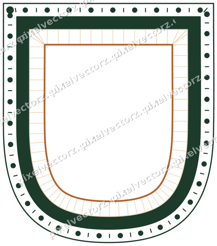 Decorative line art frame in dark green and orange with shield