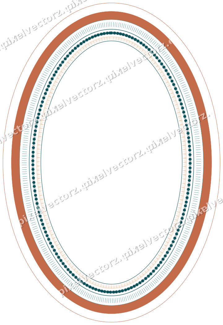 Decorative line art frame in dark teal and orange with oval