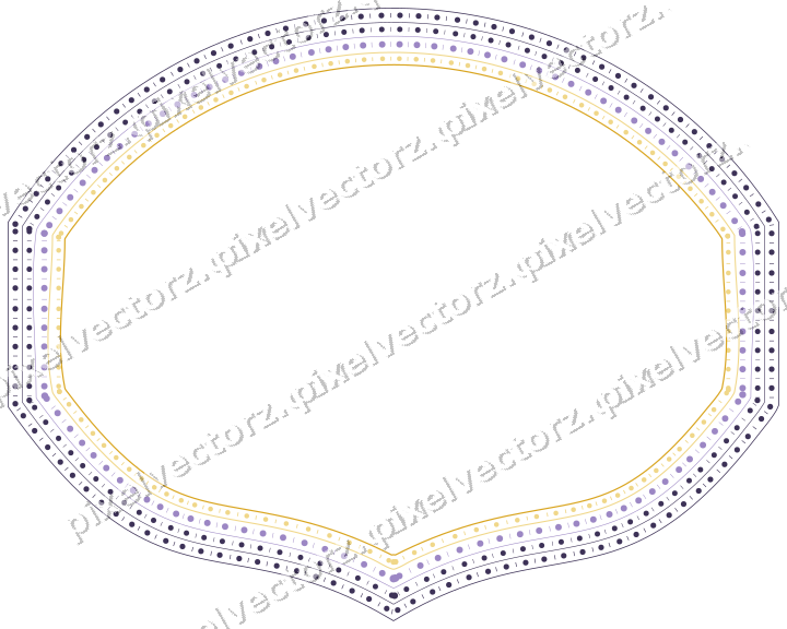 Decorative line art frame in amber and purple with label plaque