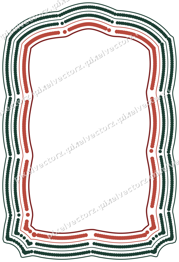 Decorative line art frame in dark red and dark green with label plaque